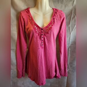 We The Free Pink Lace Henley Long Sleeve Boho Top Cotton Free People M